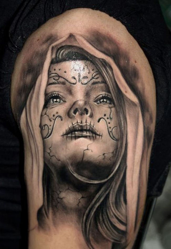 Black And Grey 3D Dia De Los Muertos Girl Face Tattoo Design