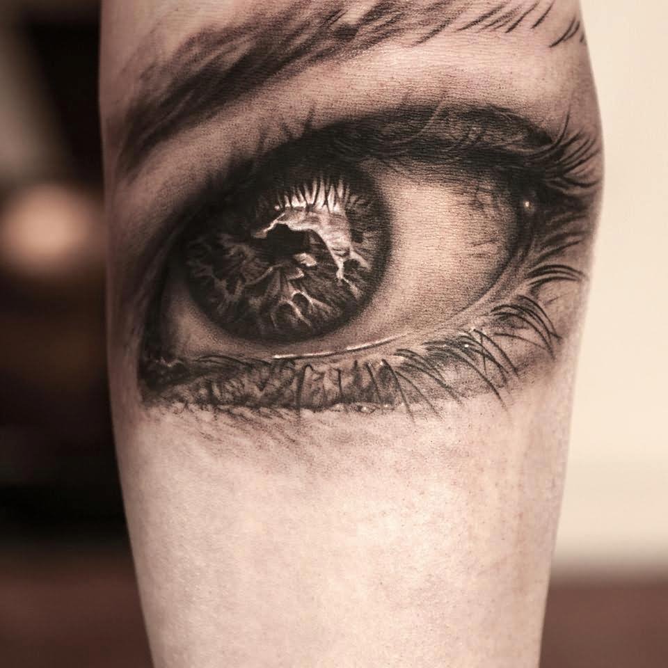Black And Grey 3D Eye Tattoo Design For Forearm