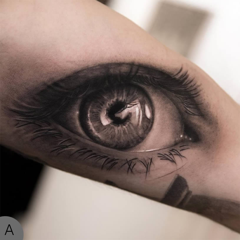 Black And Grey 3D Eye Tattoo Design For Half Sleeve