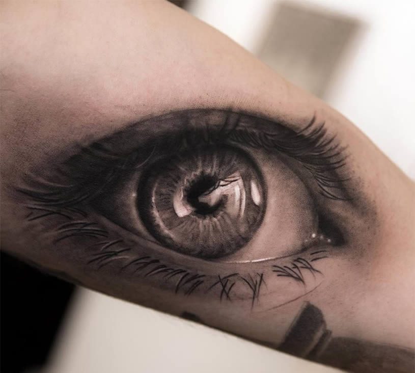 Black And Grey 3D Eye Tattoo On Arm