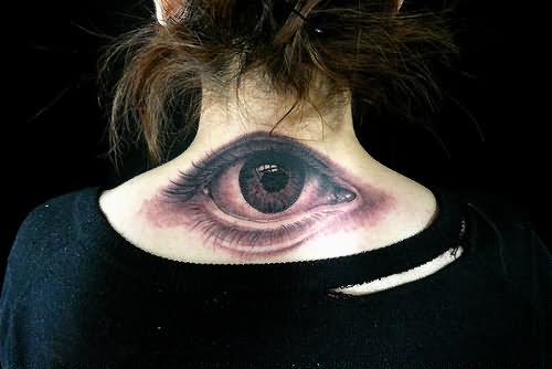 Black And Grey 3D Eye Tattoo On Girl Back Neck