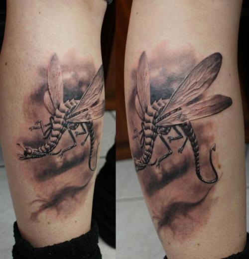 Black And Grey 3D Insect Tattoo Design For Leg