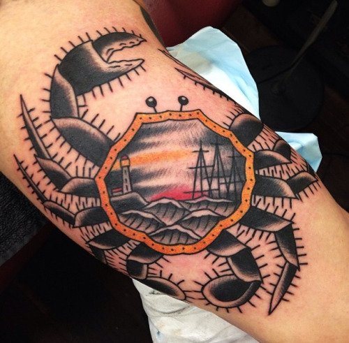 Black And Grey Crab Tattoo On Sleeve by Ben Rorke