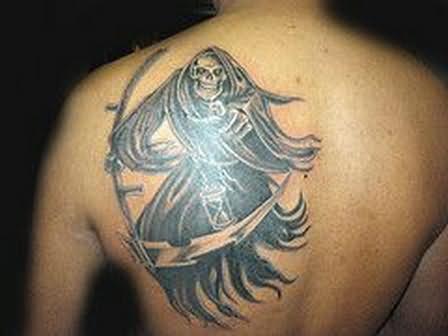 Black And Grey Death Grim Reaper Tattoo On Left Back Shoulder