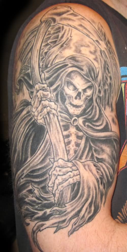 Black And Grey Death Grim Reaper Tattoo On Right Half Sleeve