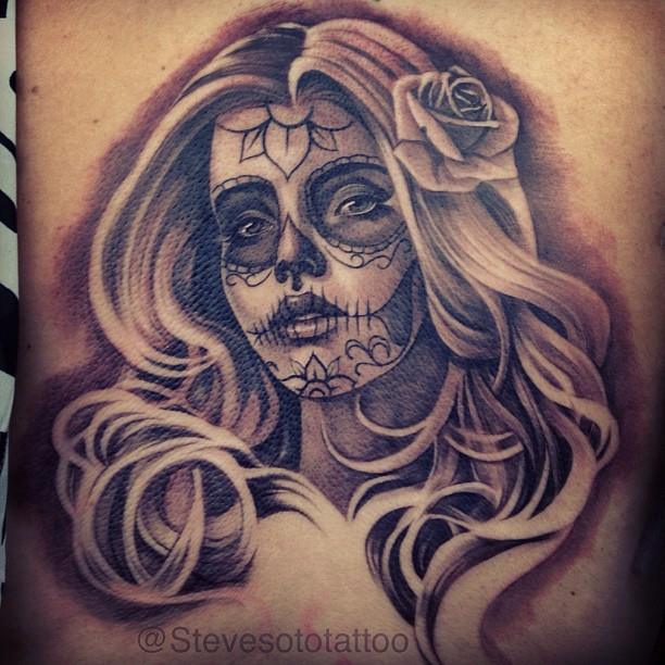 Black And Grey Dia De Los Muertos Girl Face Tattoo Design