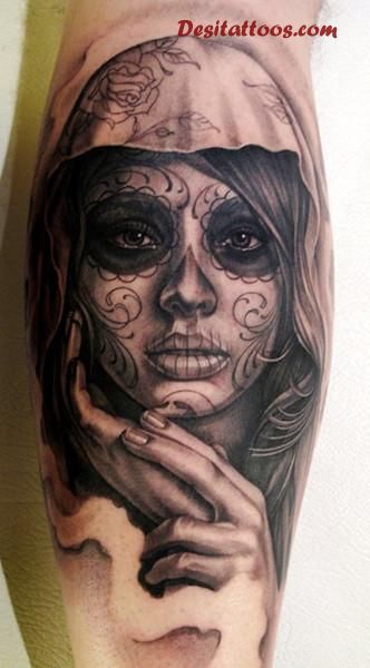 Black And Grey Dia De Los Muertos Girl Face Tattoo On Leg Calf
