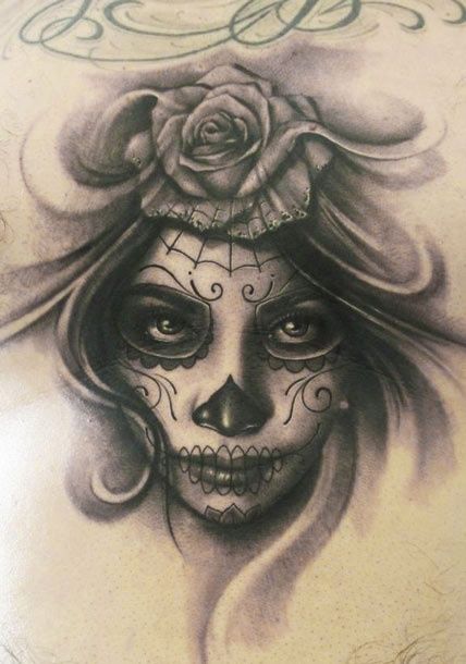 Black And Grey Dia De Los Muertos Girl Face With Rose Tattoo Design
