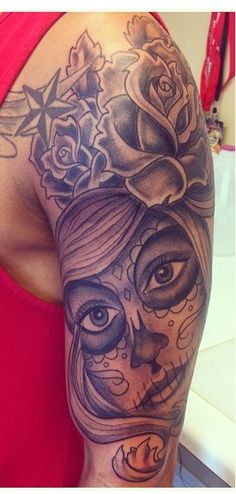 Black And Grey Dia De Los Muertos Girl Face With Roses Tattoo On Half Sleeve
