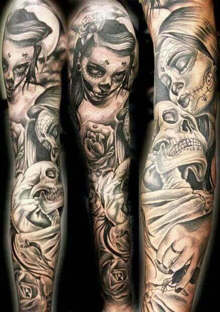 Black And Grey Dia De Los Muertos Girl Face With Skull Tattoo On Full Sleeve