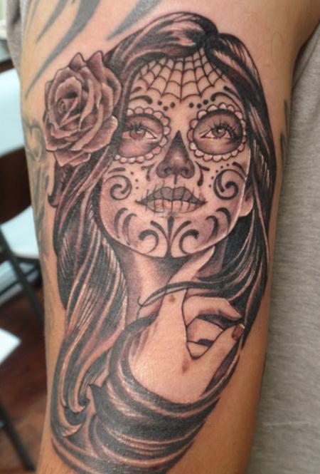 Black And Grey Dia De Los Muertos Pin Up Girl Tattoo Design For Half Sleeve