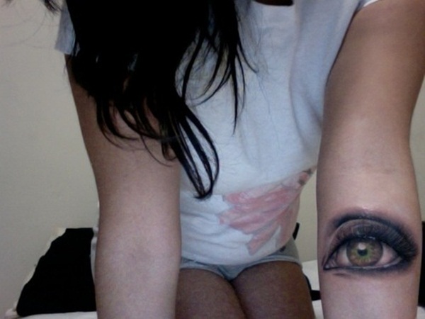 Black And Grey Eye Tattoo On Girl Forearm