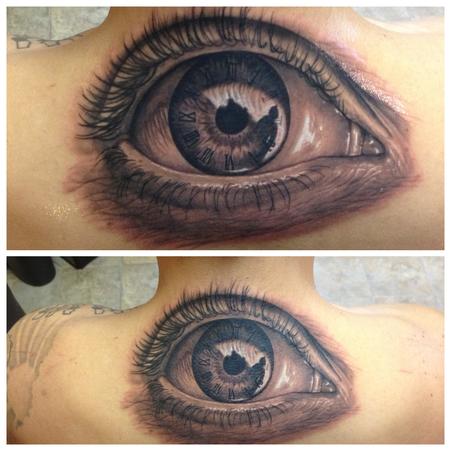 Black And Grey Eye Tattoo On Upper Back