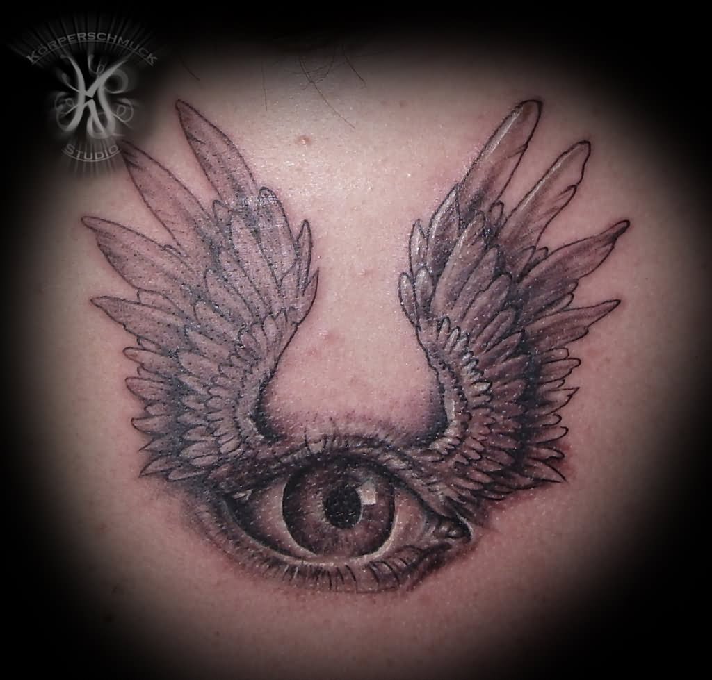 Black And Grey Eye With Wings Tattoo Design