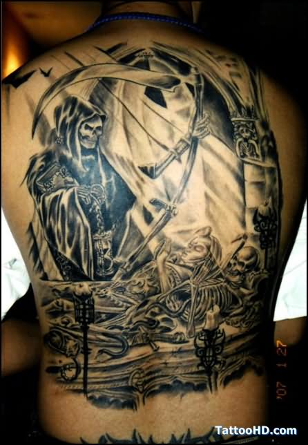 Black And Grey Grim Reaper Death Tattoo On Full Back