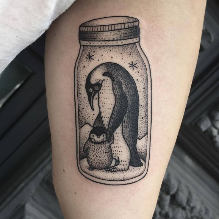 Black And Grey Ink Penguins In Jar Tattoo