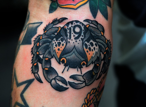 Black And Grey Ink Traditional Crab Tattoo