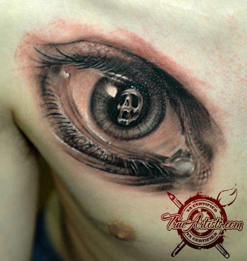 Black And Grey Realistic Eye Tattoo On Man Chest