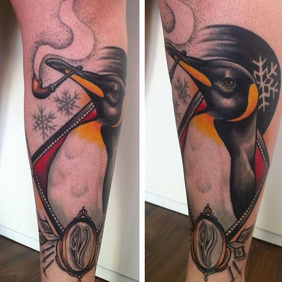 Black And Grey Smoking Penguin Tattoo On Leg Sleeve