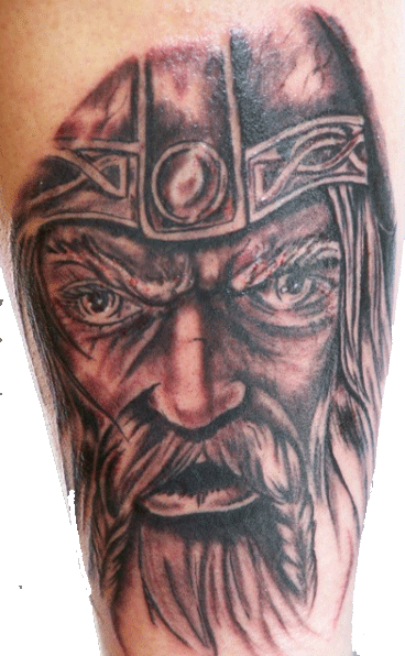 Black And Grey Viking Head Tattoo On Arm Sleeve