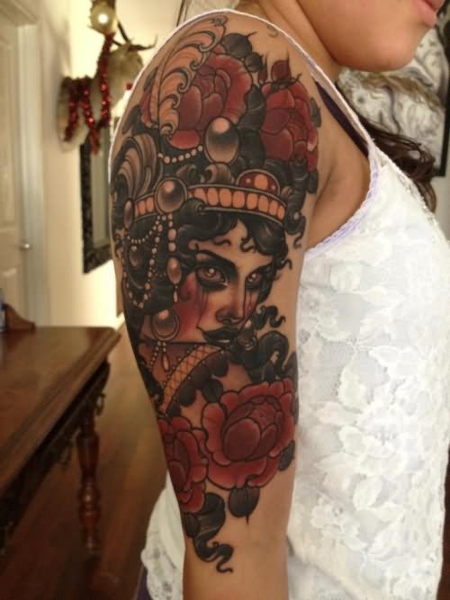 Black And Red Dia De Los Muertos Girl Face With Flowers Tattoo On Right Half Sleeve