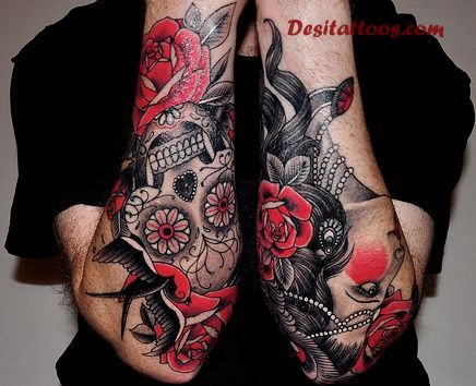 Black And Red Dia De Los Muertos Skull With Flowers Tattoo On Both Sleeve