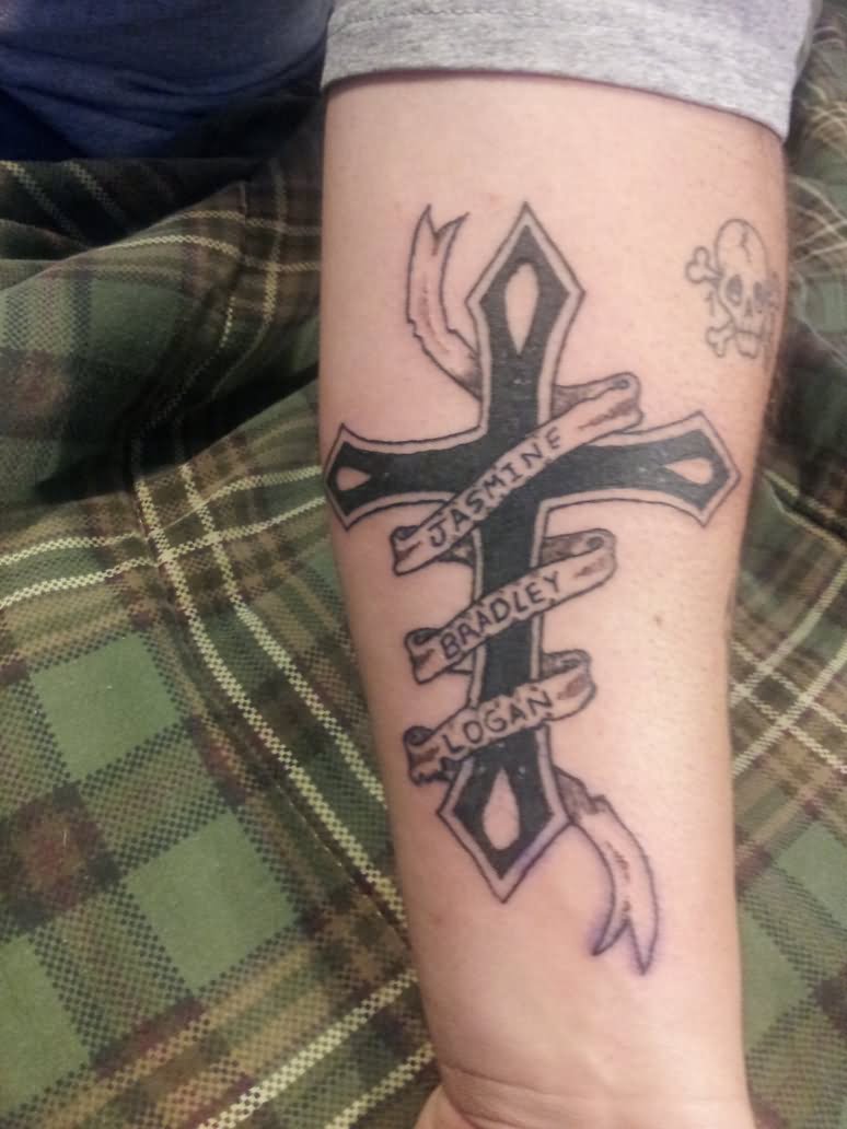 Black Cross And Ribbon With Words Tattoo Design Forearm