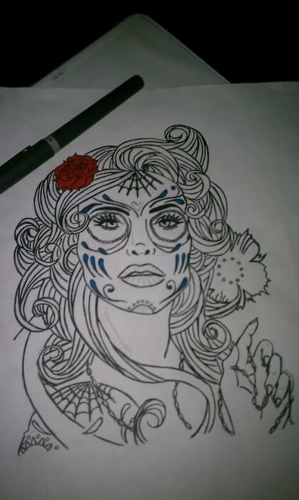 Black Dia De Los Muertos Pin Up Girl Tattoo Stencil