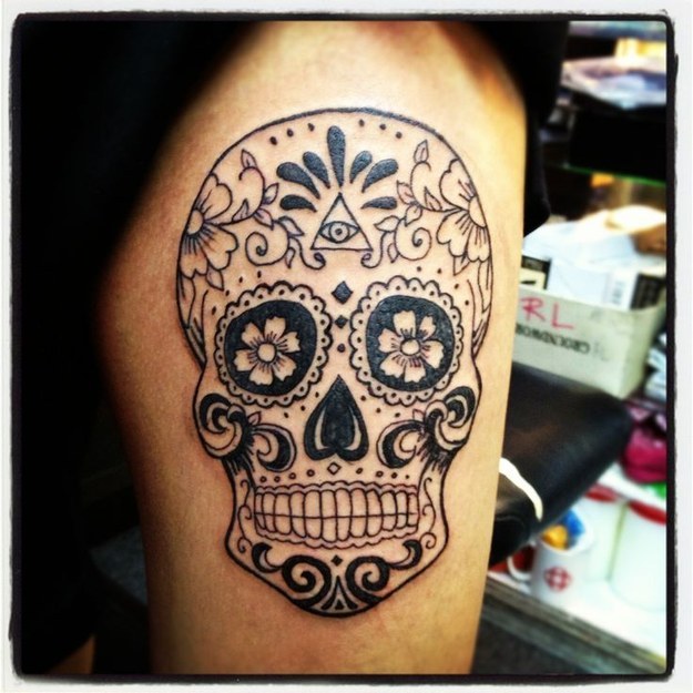 Black Dia De Los Muertos Skull Tattoo Design