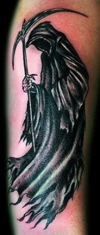 Black Grim Reaper Death Tattoo Design For Arm