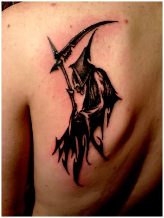 Black Grim Reaper Death Tattoo On Man Left Back Shoulder