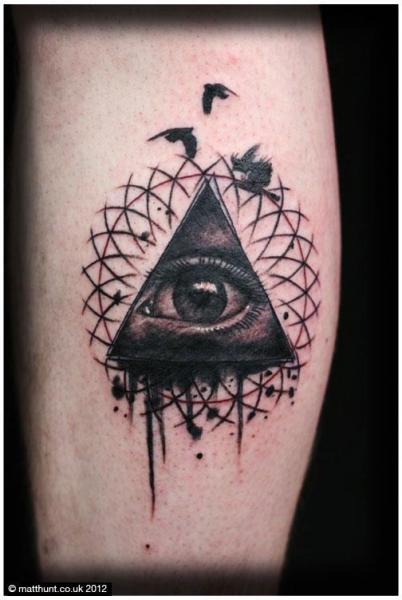 Black Illuminati Eye With Flying Birds Tattoo Design For Arm