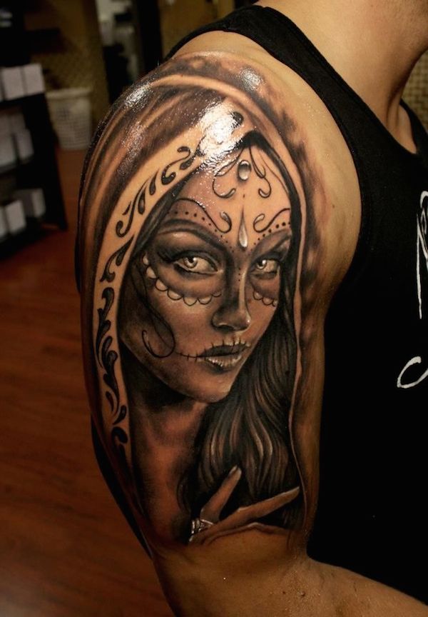 10+ Black And Grey Dia De Los Muertos Tattoos On Half Sleeve