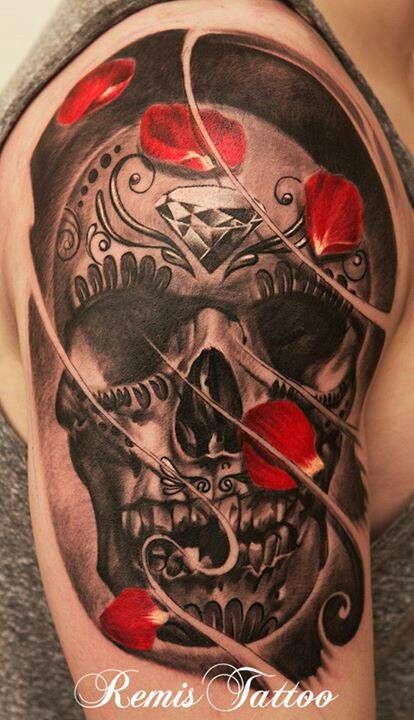 Black Ink 3D Dia De Los Muertos Skull Tattoo On Shoulder