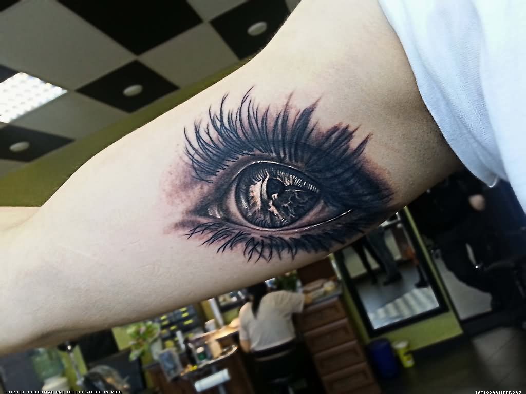 Black Ink 3D Eye Tattoo Design For Bicep