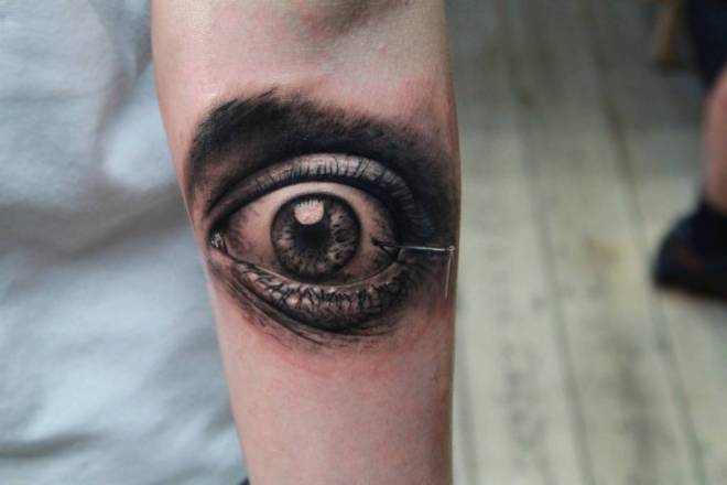 Black Ink 3D Eye Tattoo Design For Forearm