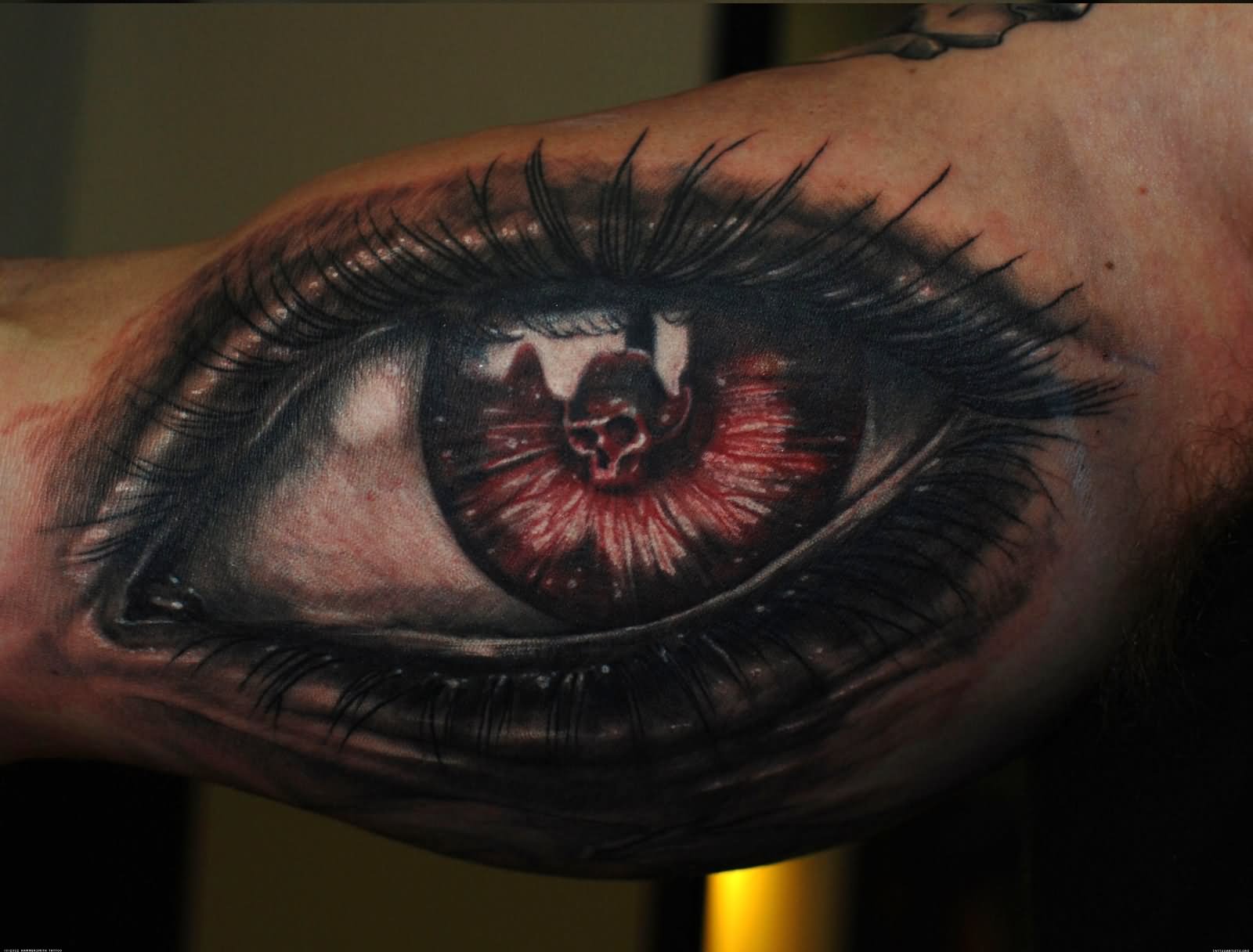 Black Ink 3D Eye Tattoo On Bicep