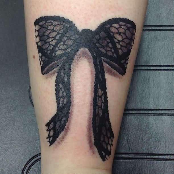 Black Ink 3D Lace Ribbon Bow Tattoo Design For Leg