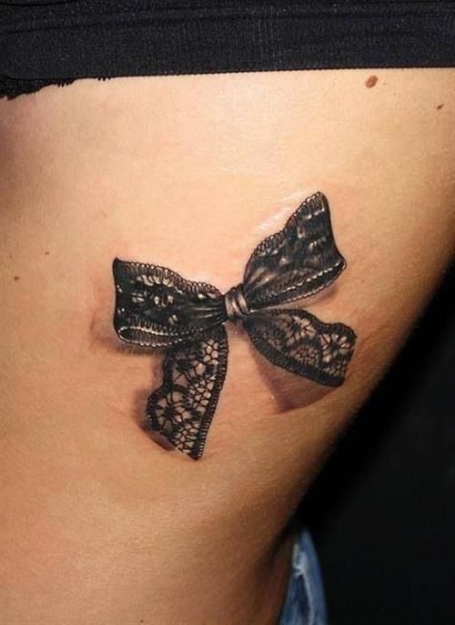 Black Ink 3D Lace Ribbon Bow Tattoo Design For Side Rib