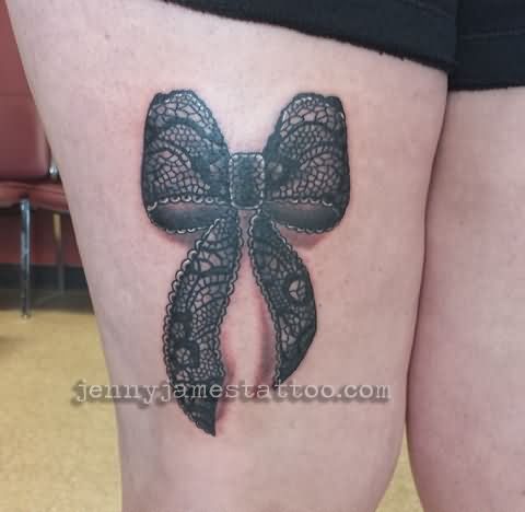 Black Ink 3D Lace Ribbon Bow Tattoo On Thigh