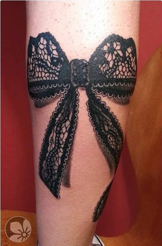 Black Ink 3d Lace Ribbon Bow Tattoo On Leg