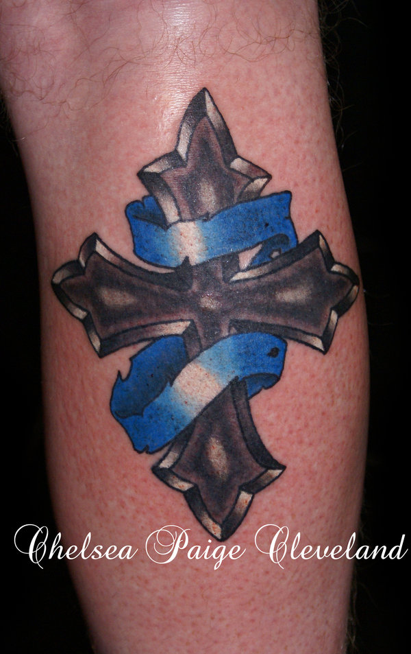 Black Ink Cross With Ribbon Tattoo Design For Leg By Chelsea