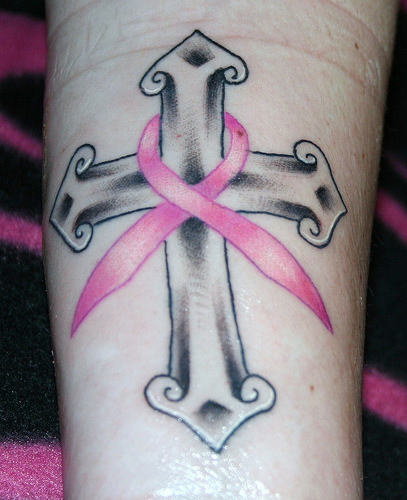 Black Ink Cross With Ribbon Tattoo Design