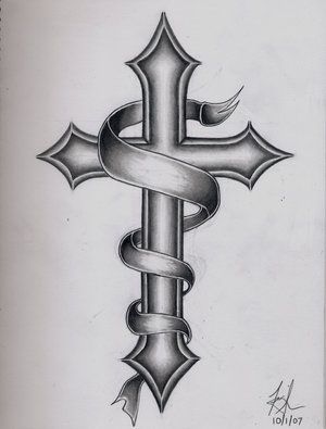 Black Ink Cross With Scroll Ribbon Tattoo Design