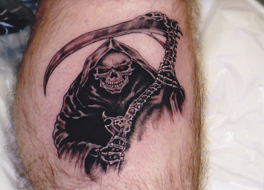 Black Ink Death Grim Reaper Tattoo Design For Leg Calf