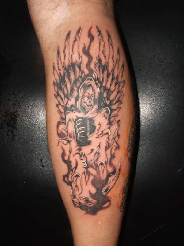 Black Ink Death Grim Reaper Tattoo Design For Leg