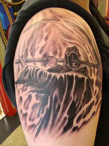 Black Ink Death Grim Reaper Tattoo On Man Right Shoulder