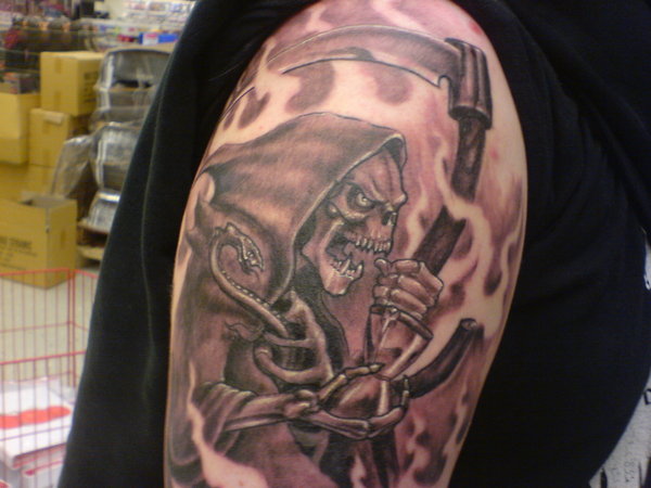 Black Ink Death Grim Reaper Tattoo On Right Shoulder By Erik
