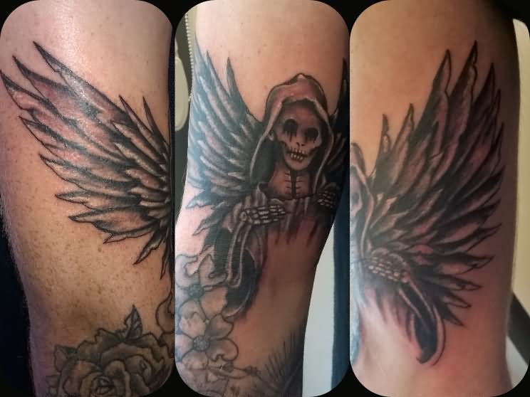 Black Ink Death Grim Reaper With Wings Tattoo Design For Half Sleeve