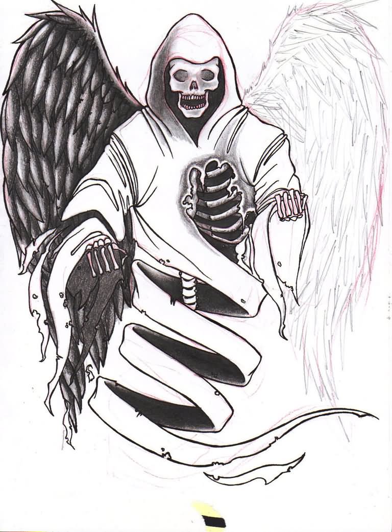 Black Ink Death Grim Reaper With Wings Tattoo Design